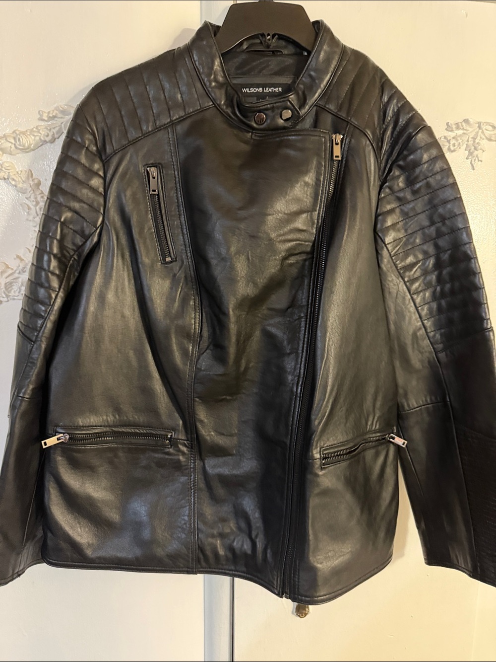 Wilsons Leather Black Quilted-Shoulder Women's Moto Jacket SZ 2 X. NWOT